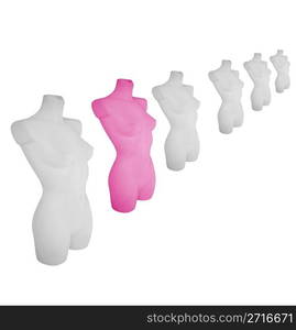 Pink female showroom dummy amidst a row of grey. Showroom dummies