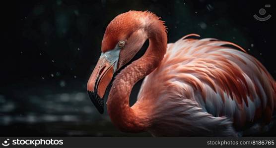 Pink flamingo close up standing with forest background. Generative AI.. Pink flamingo close up standing with forest background. Generative AI