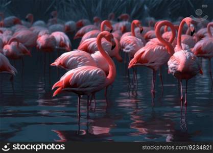 Pink flamingo group. Lake animal. Generate Ai. Pink flamingo group. Generate Ai