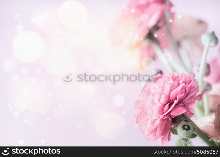 Pink floral pastel border with bokeh background and buttercup flowers