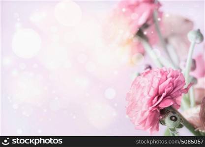 Pink floral pastel border with bokeh background and buttercup flowers