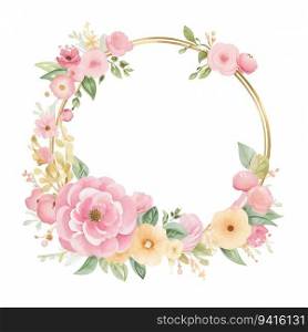 Pink floral wreath in a vector watercolour style with a golden circle. Generative AI.