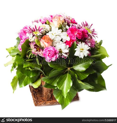 Pink flowers bouquet in a bowl isolated on white