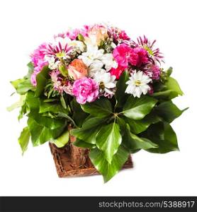 Pink flowers bouquet in a bowl isolated on white