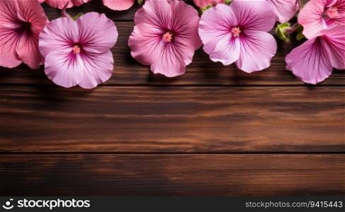 Pink flowers on a wooden background. Top view with copy space.