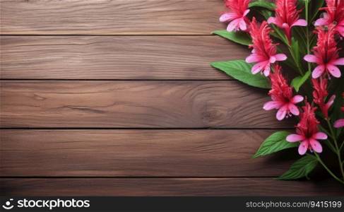 Pink flowers on brown wooden background. Top view with copy space.