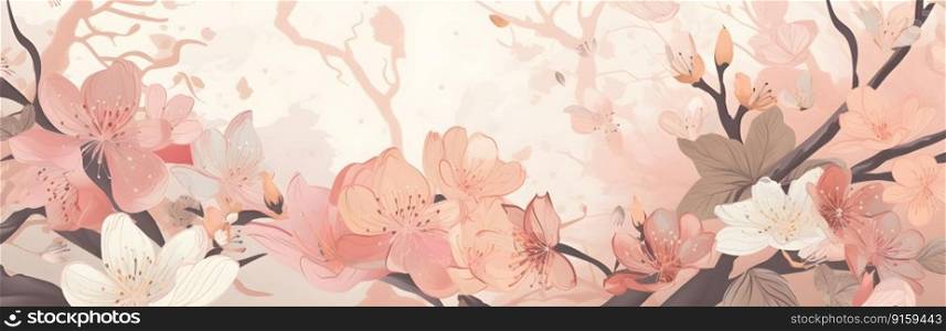 Pink flowers springtime blooming Japanese sakura tree brunches botanical illustration in boho style, in natural pastel colors with copy space, wide long banner. AI Generated content
