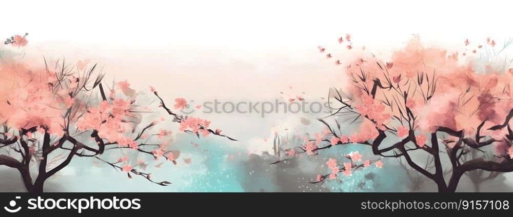 Pink flowers springtime blooming sakura tree botanical illustration in Japanese wabi sabi or Japandi style, in natural pastel colors with copy space, wide long banner. AI Generated content