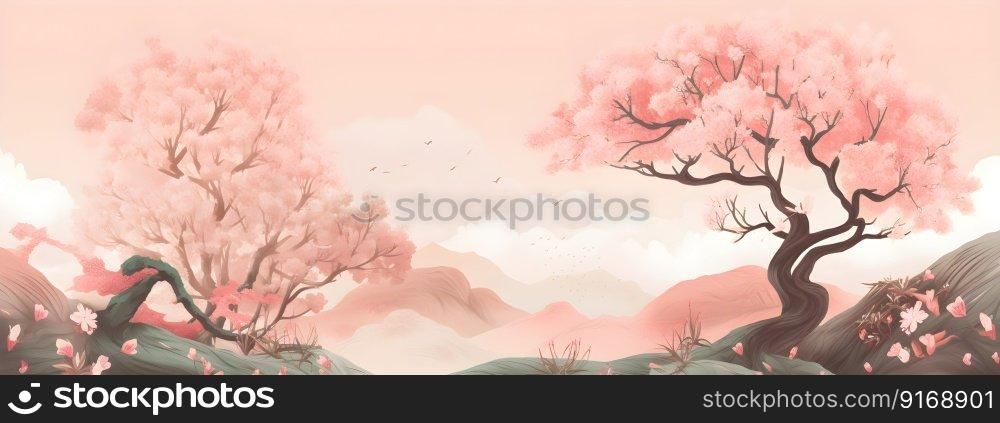 Pink flowers springtime blooming sakura tree botanical illustration in Japanese wabi sabi or Japandi style, in natural pastel colors with copy space, wide long banner. AI Generated content