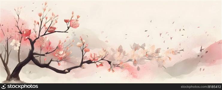 Pink flowers springtime blooming sakura tree brunches botanical illustration in Japanese wabi sabi or Japandi style, in natural pastel colors with copy space, wide long banner. AI Generated content