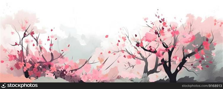 Pink flowers springtime blooming sakura tree brunches botanical illustration in Japanese wabi sabi or Japandi style, in natural pastel colors with copy space, wide long banner. AI Generated content