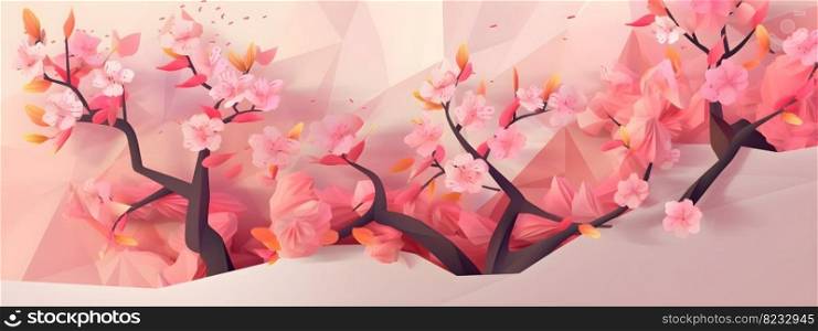 Pink flowers springtime blooming sakura tree brunches illustration in low poly design style, in natural pastel colors with copy space, wide long banner. AI Generated content