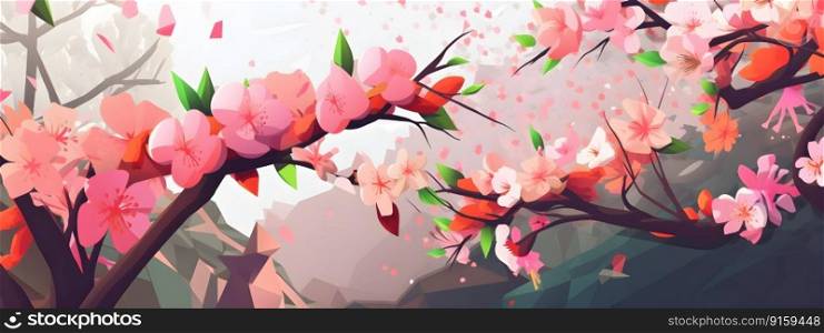 Pink flowers springtime blooming sakura tree brunches illustration in low poly design style, in natural pastel colors, wide long banner. AI Generated content