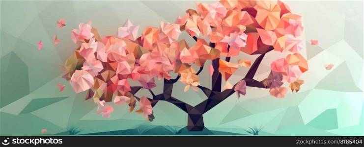 Pink flowers springtime blooming sakura tree illustration in low poly design style, in natural pastel colors with copy space, wide long banner. AI Generated content