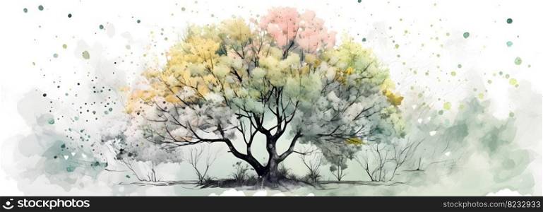Pink flowers springtime blooming tree botanical illustration in Japanese wabi sabi or Japandi style, in natural pastel colors with copy space, wide long banner. AI Generated content