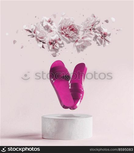 Pink flying flat sandal shoes at white podium with levitating peony flowers and petals at pink pastel background. Creative summer fashion concept with slippers and blossom. Modern product presentation