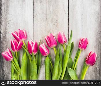 Pink fresh tulips flowers on gray wooden background