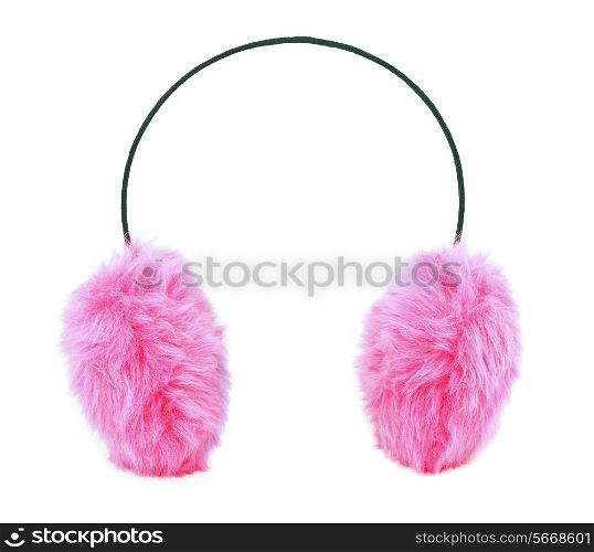 Pink furry ear muffs isolated on white
