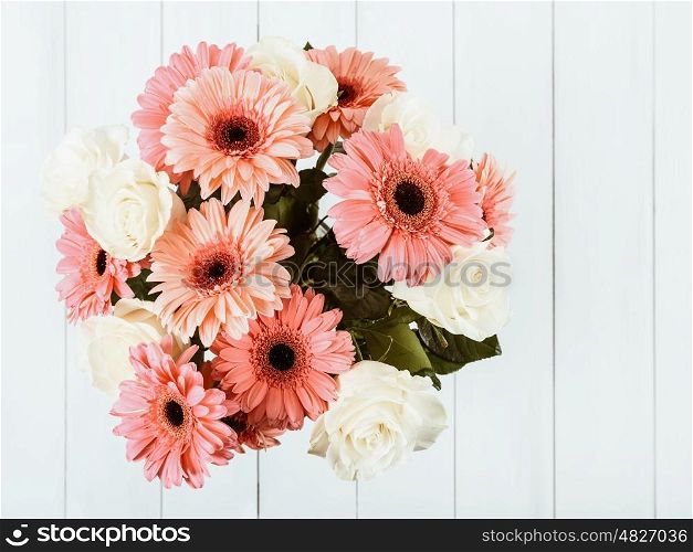 Pink Gerbera Daisy Flowers And White Roses Bouquet