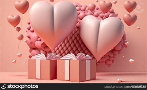 Pink gift box with gold ribbon and heart romantic banner love concept on pink background 3D rendering. Generative AI