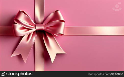 Pink gift ribbon and bow isolated horizontal on light pink background. Generative ai art. Pink gift ribbon and bow isolated horizontal on light pink background. Generative ai