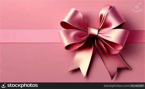 Pink gift ribbon and bow isolated horizontal on light pink background. Generative ai art. Pink gift ribbon and bow isolated horizontal on light pink background. Generative ai