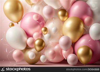pink golden and white Balloons. Illustration Generative AI. pink golden and white Balloons. Illustration AI Generative