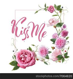 pink greeting card with flowers and the words calligraphy - Kiss me. postcard with flowers