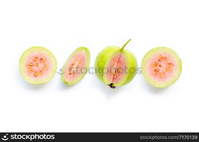 Pink guava fruit on white background. Copy space
