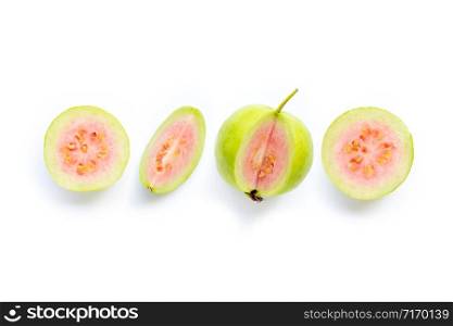 Pink guava fruit on white background. Copy space