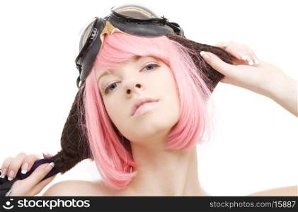 pink hair girl in aviator helmet over white