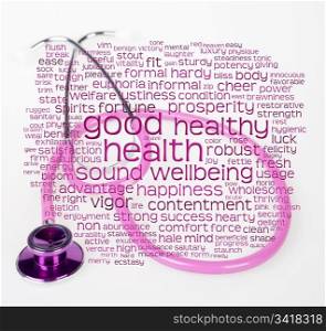 pink health healthy and wellbeing word or tag cloud over pink stethoscope