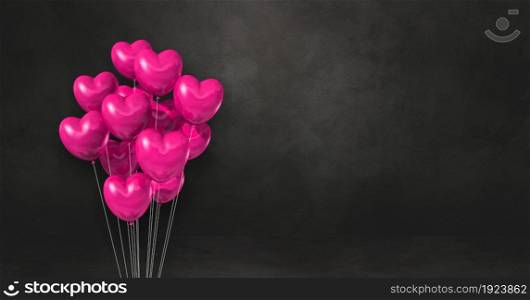 Pink heart shape balloons bunch on a black wall background. Horizontal banner. 3D illustration render. Pink heart shape balloons bunch on a black wall background. Horizontal banner.