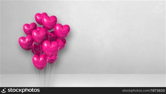 Pink heart shape balloons bunch on a white wall background. Horizontal banner. 3D illustration render. Pink heart shape balloons bunch on a white wall background. Horizontal banner.