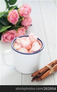 Pink heart shape marshmallows on hot chocolate cup. Love concept. Valentine's Day