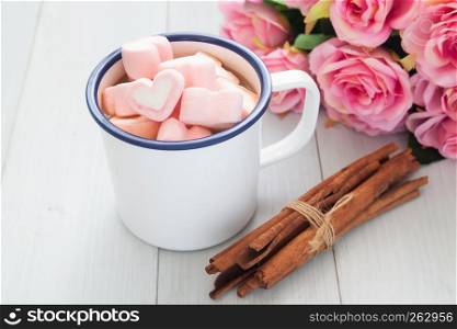 Pink heart shape marshmallows on hot chocolate cup. Love concept. Valentine's Day