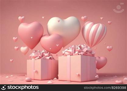 Pink heart shaped balloons float out of the white gift box on pink background, AI Generative