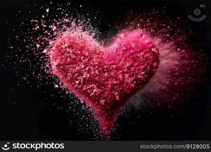 Pink heart with small colorful particles. Valentine’s Day, love. Colors explosion. Postcard, greeting card design. Generative AI. Pink heart with small colorful particles. Valentine’s Day, love. Colors explosion. Postcard, greeting card design. Generative AI.
