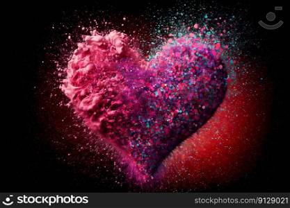 Pink heart with small colorful particles. Valentine’s Day, love. Colors explosion. Postcard, greeting card design. Generative AI. Pink heart with small colorful particles. Valentine’s Day, love. Colors explosion. Postcard, greeting card design. Generative AI.
