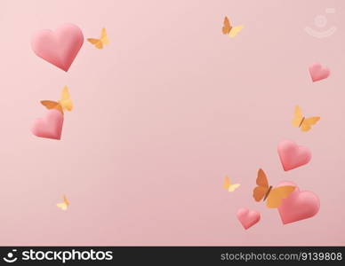 Pink hearts and golden butterflies. Women’s Day, Mother’s Day, Wedding, Anniversary background with free space for text, copy space. Postcard, greeting card design. Trendy template. 3D illustration. Pink hearts and golden butterflies. Women’s Day, Mother’s Day, Wedding, Anniversary background with free space for text, copy space. Postcard, greeting card design. Trendy template. 3D illustration.