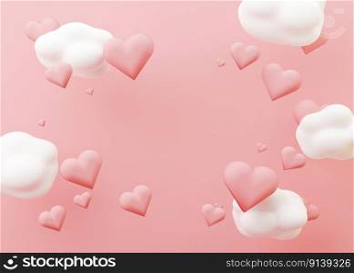 Pink hearts and white clouds. Valentine&rsquo;s Day background with free space for text, copy space. Postcard, greeting card design with hearts. 3D illustration. Love. Pink hearts and white clouds. Valentine&rsquo;s Day background with free space for text, copy space. Postcard, greeting card design with hearts. 3D illustration. Love.