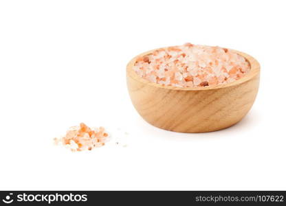 Pink Himalayan salt in wooden bowl isolated on white background