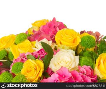 pink hortensia flowers. bouquet of pink hortensia flowers with roses and mums close up isolated on white background