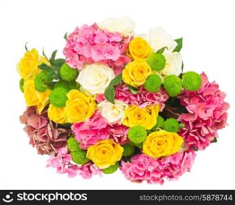 pink hortensia flowers. bunch of pink hortensia flowers with roses and mums isolated on white background