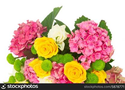 pink hortensia flowers. bunch of pink hortensia flowers with roses and mums close up isolated on white background
