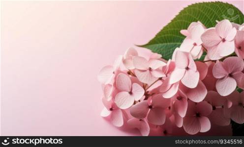Pink hydrangeas with green leaves on a light pink background with copy space. Created using AI Generated technology and image editing software.