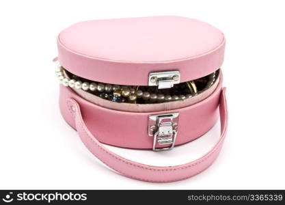 Pink jewelry box closeup on white background