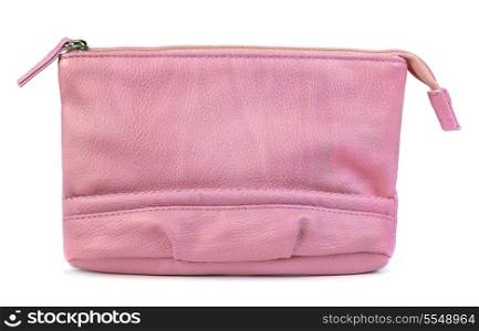 Pink leather makeup bag isolated on white