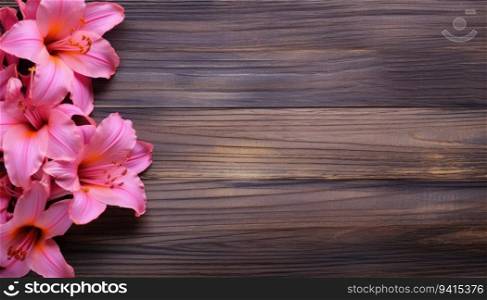 Pink lily flowers on wooden background. Top view with copy space