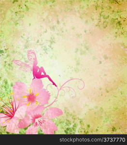 pink little flower fairy on the green spring or summer grunge background